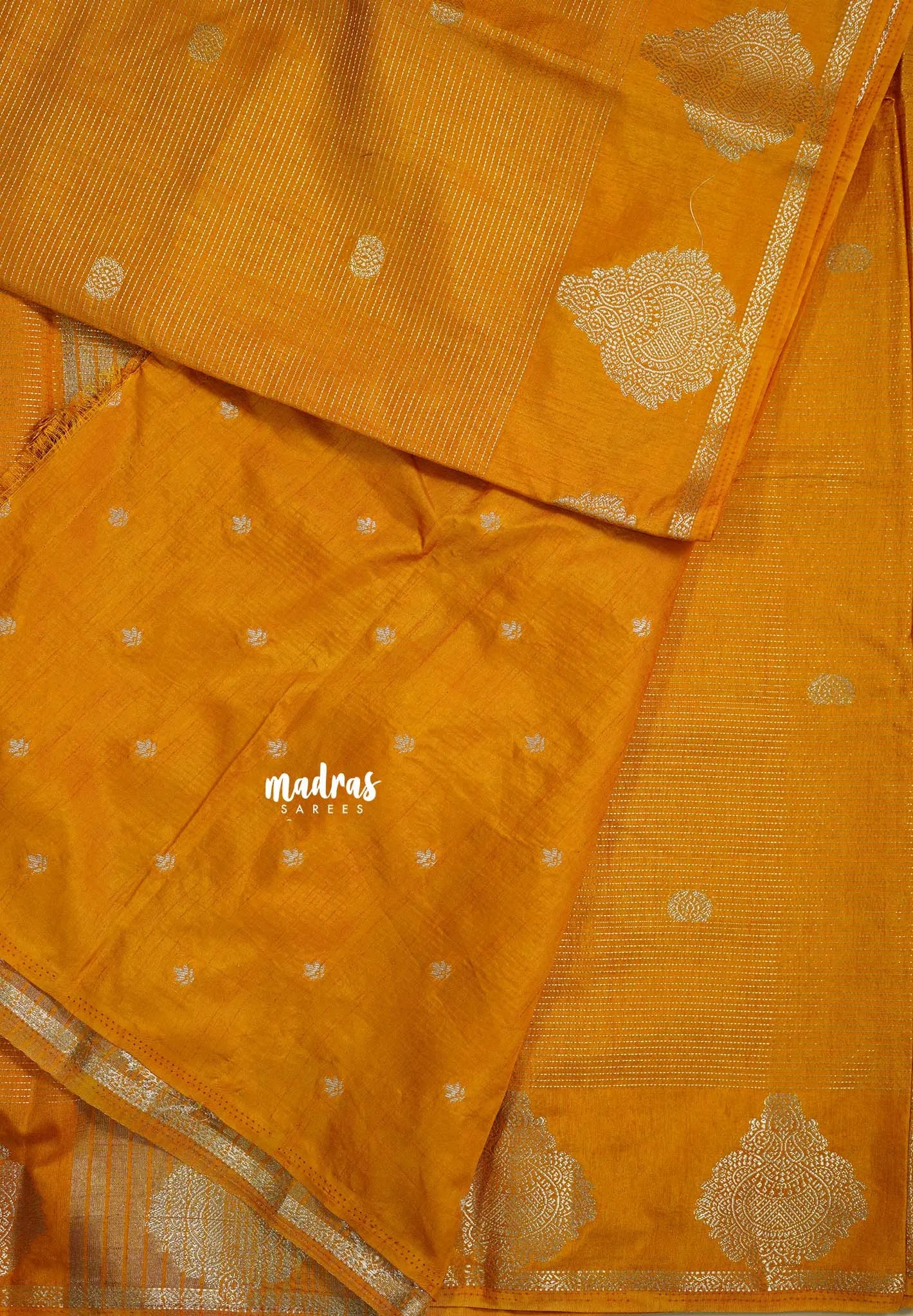 Orangish Yellow - Raaga - Premium Raw Mango silk with 3D stripes weaving Body with Buttas