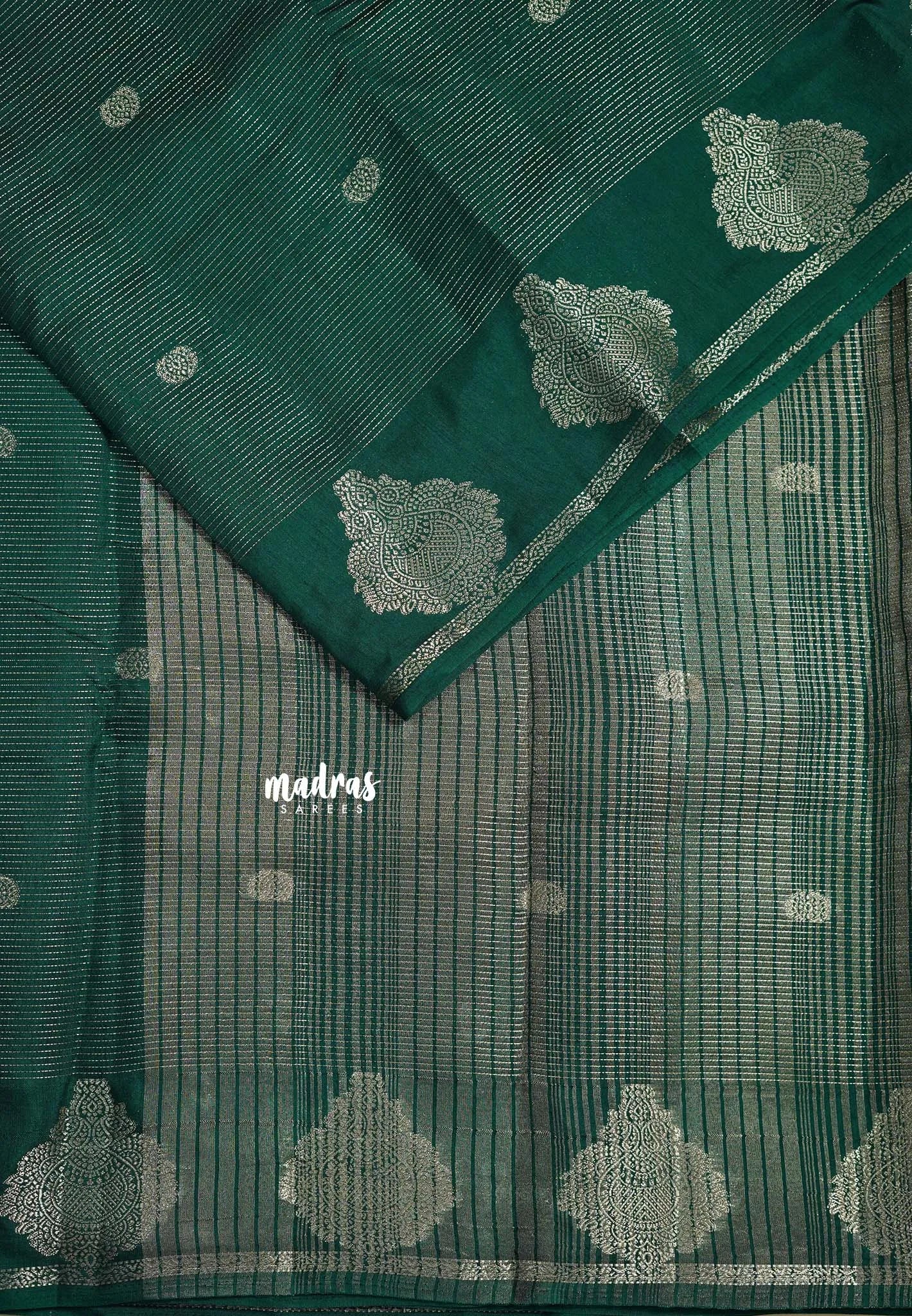 Dark Green - Raaga - Premium Raw Mango silk with 3D stripes weaving Body with Buttas