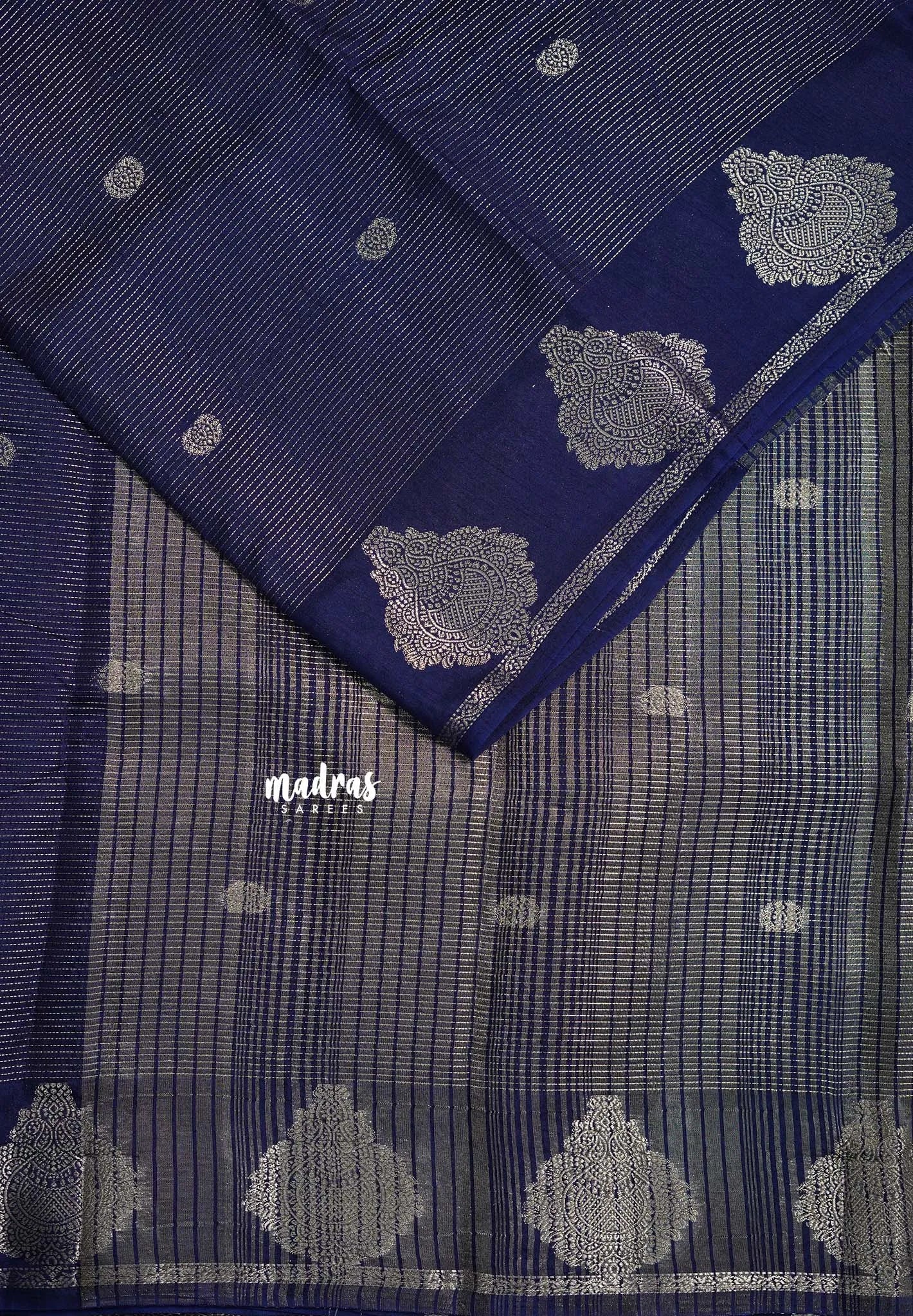 Navy Blue - Raaga - Premium Raw Mango silk with 3D stripes weaving Body with Buttas