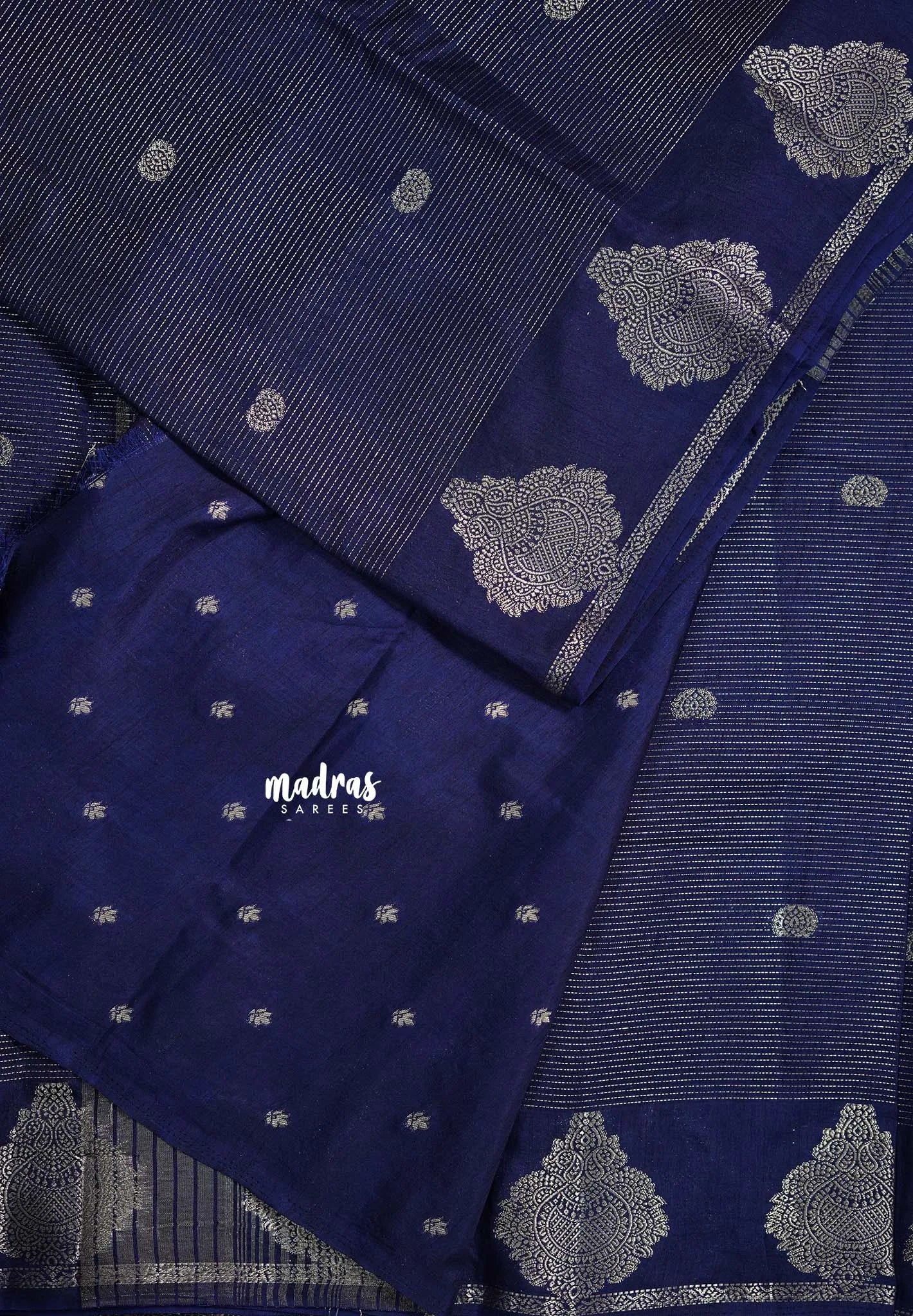 Navy Blue - Raaga - Premium Raw Mango silk with 3D stripes weaving Body with Buttas