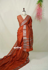 Rust Orangish Brown - Raaga - Semi Tussar Antique Silver Weaving Body with Zari Border - Best for Small Functions