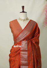 Rust Orangish Brown - Raaga - Semi Tussar Antique Silver Weaving Body with Zari Border - Best for Small Functions