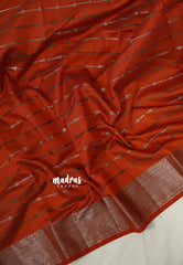 Rust Orangish Brown - Raaga - Semi Tussar Antique Silver Weaving Body with Zari Border - Best for Small Functions