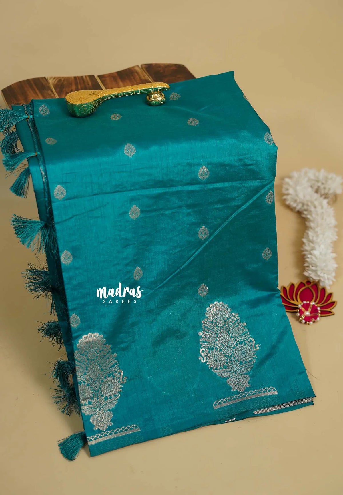 Teal Blue - Raaga - Raw mango tussar silk with big motif border and buttas