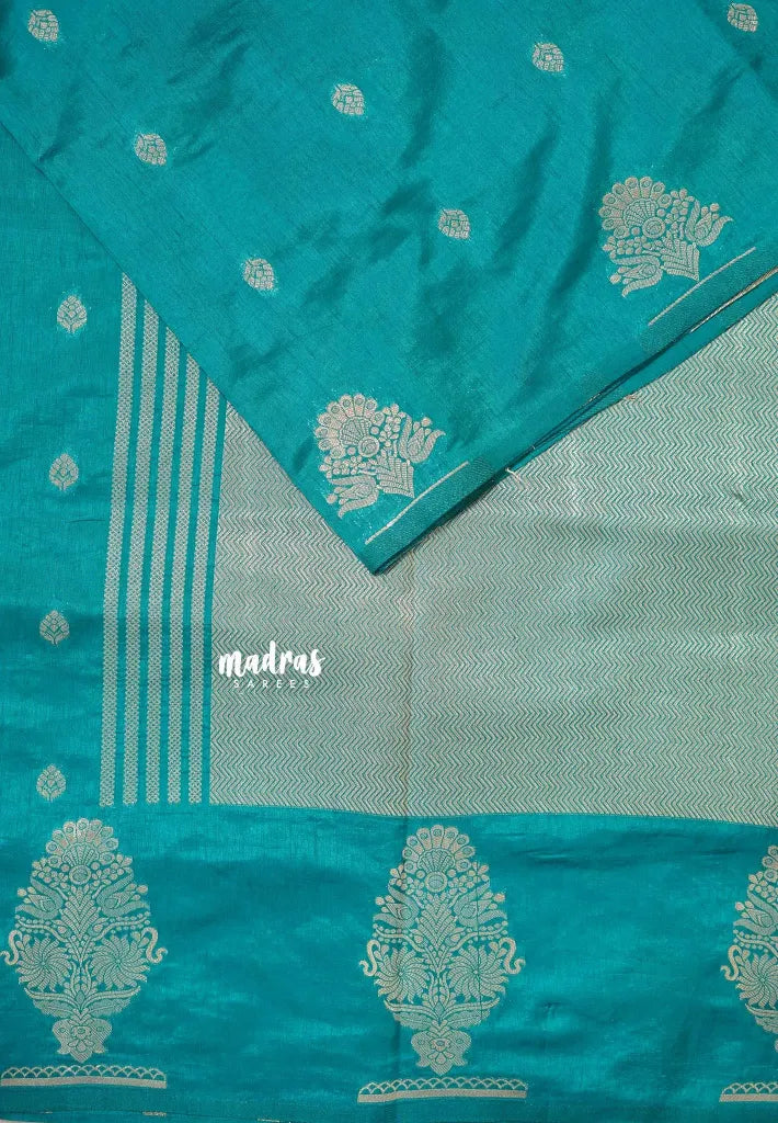 Teal Blue - Raaga - Raw mango tussar silk with big motif border and buttas