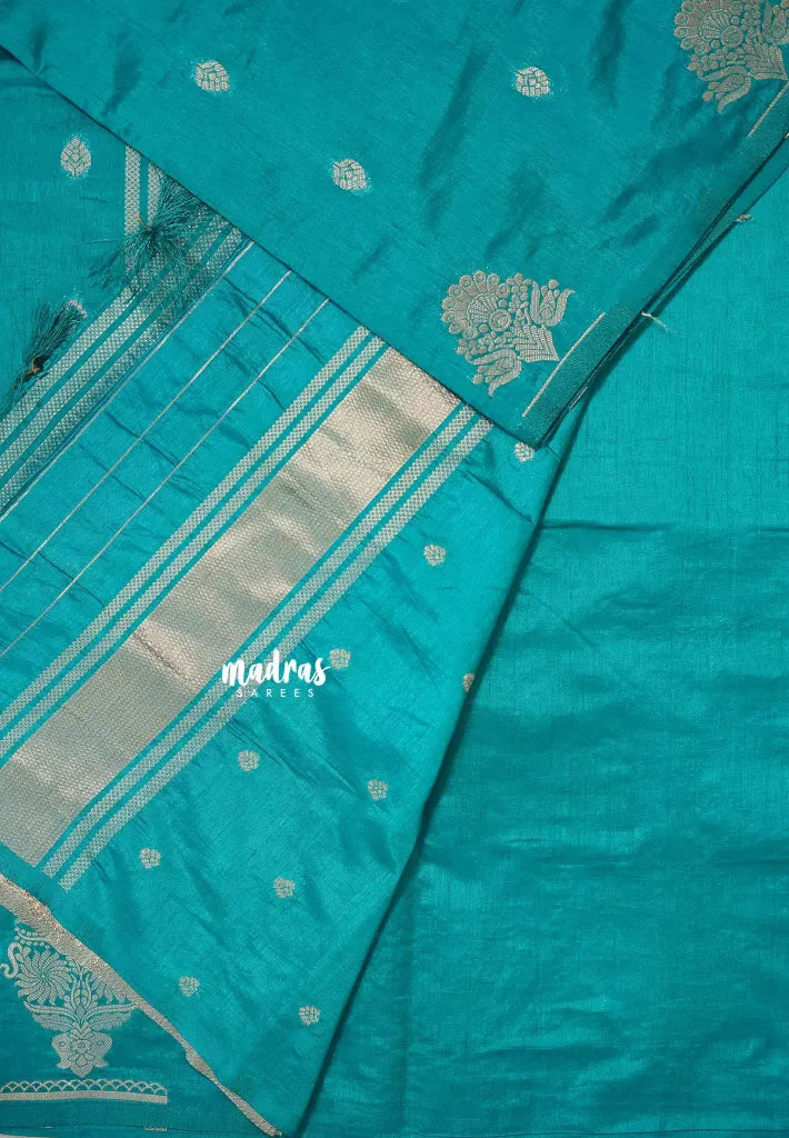 Teal Blue - Raaga - Raw mango tussar silk with big motif border and buttas