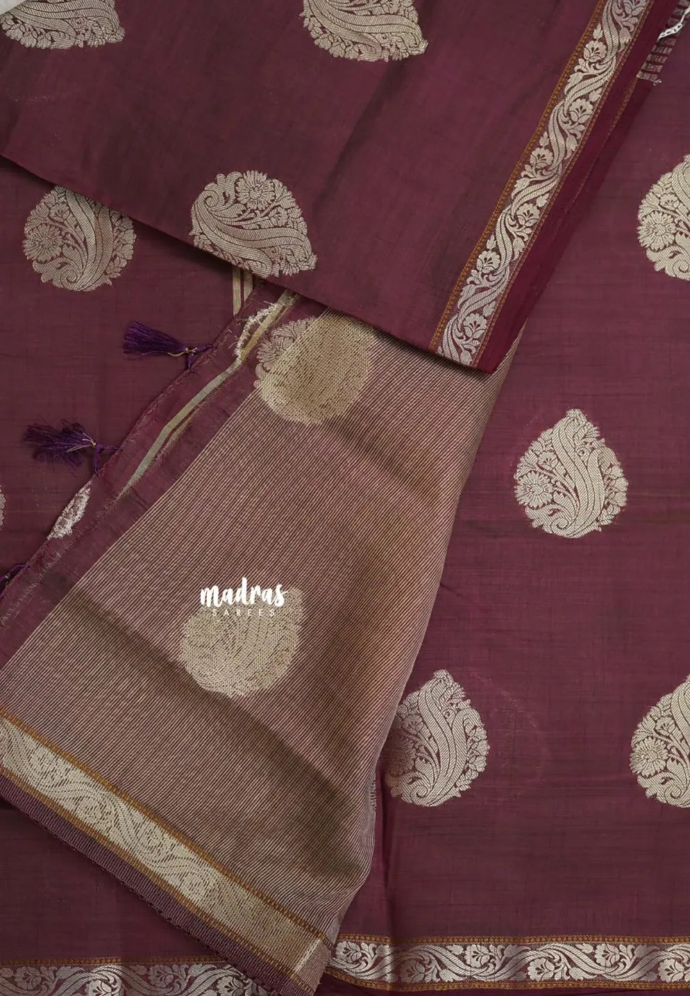 Dual Shade Wine Brown - Raaga - Lightweight Semi tussar saree with bog buttas and small border
