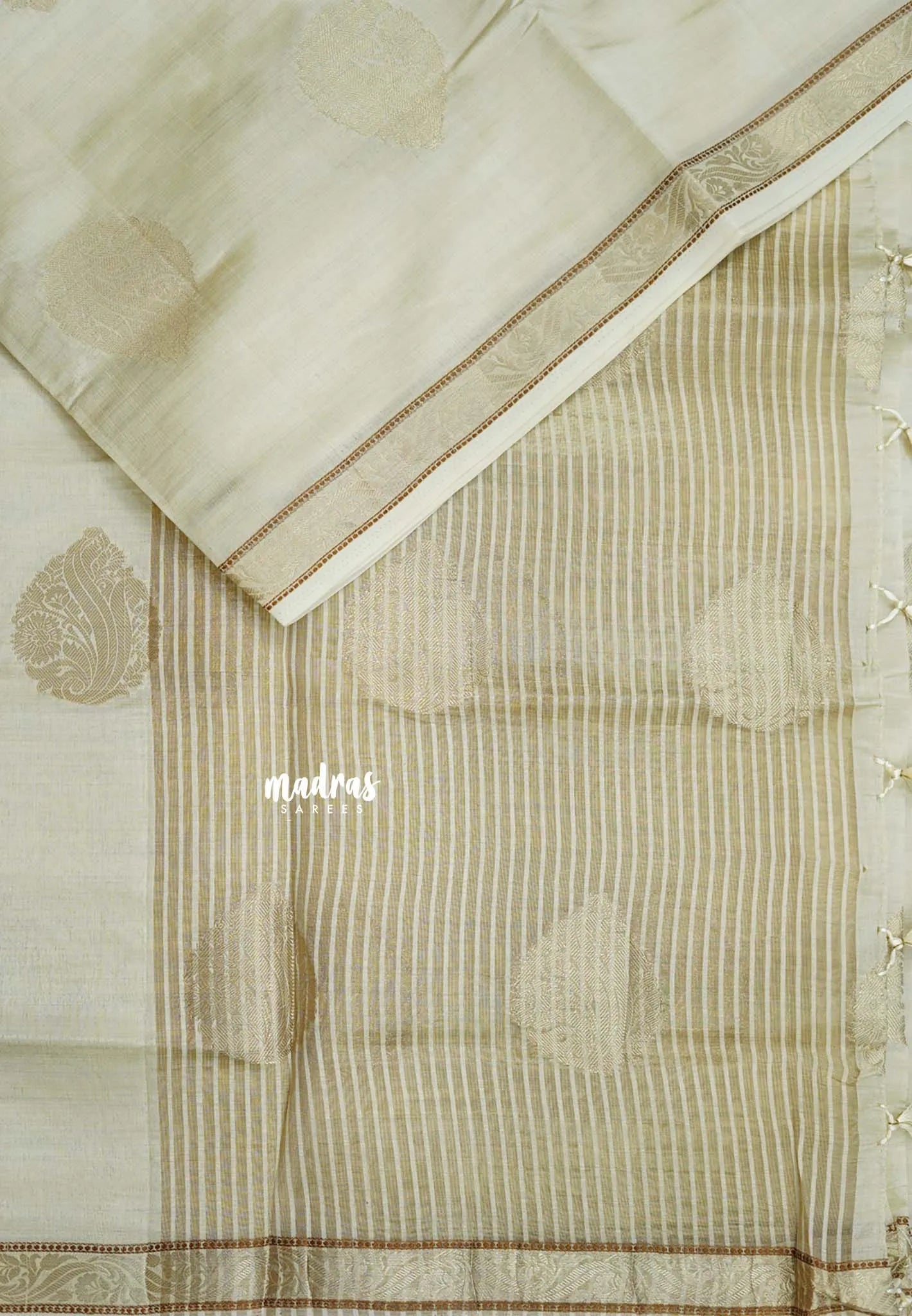 Dual Shade Ivory Cream - Raaga - Lightweight Semi tussar saree with bog buttas and small border
