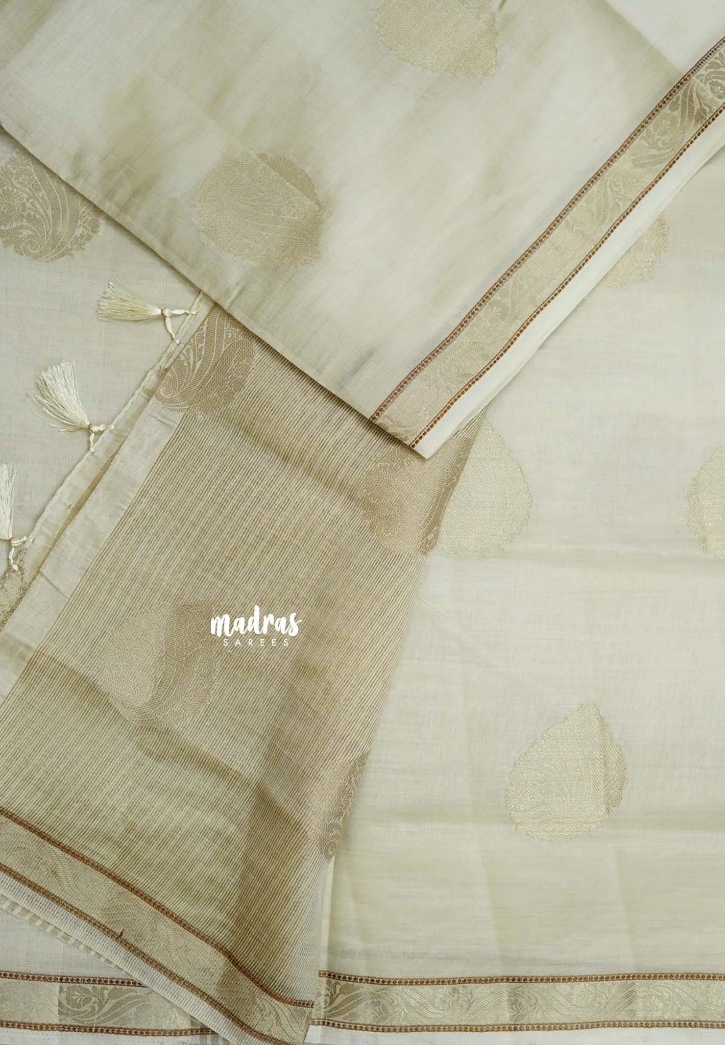 Dual Shade Ivory Cream - Raaga - Lightweight Semi tussar saree with bog buttas and small border
