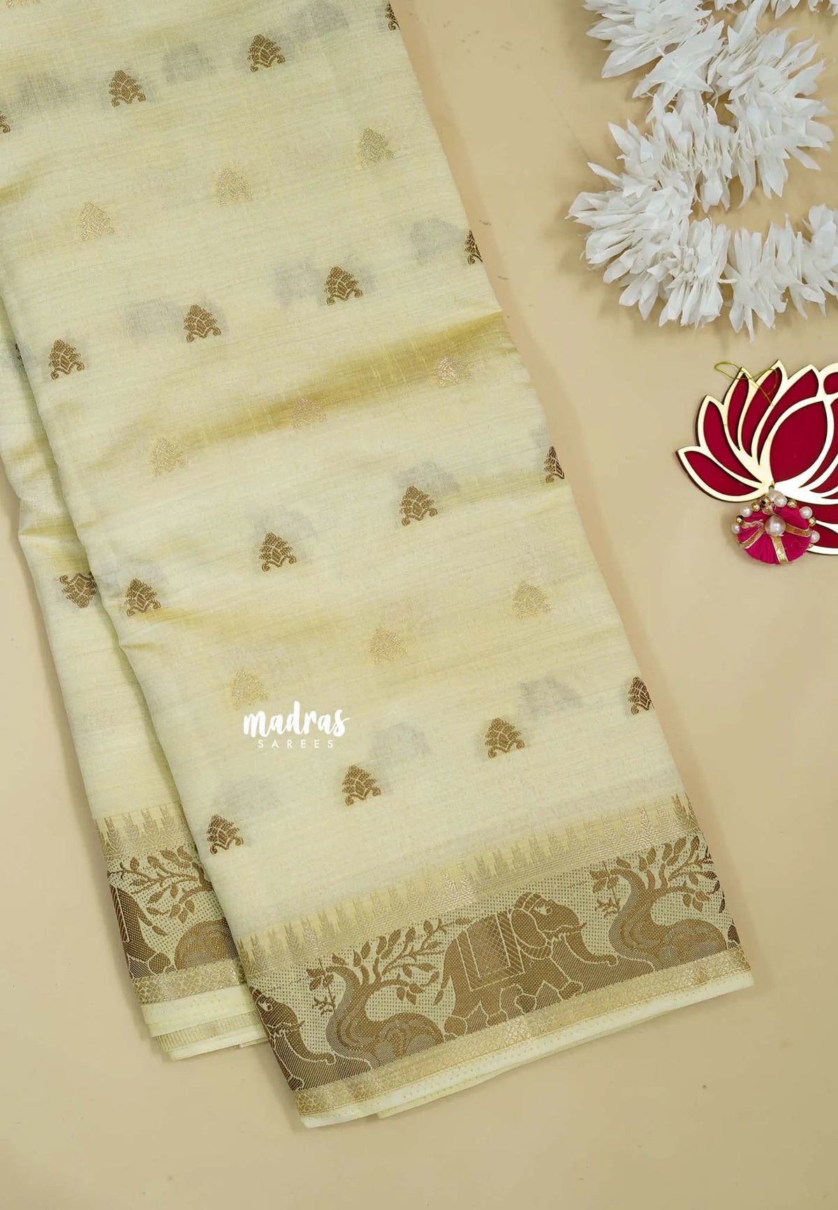 Beige - Raaga - Semi Tussar Raaga  with Buttas and Elephant Thread Border - Best for Festive Wear