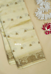 Beige - Raaga - Semi Tussar Raaga  with Buttas and Elephant Thread Border - Best for Festive Wear