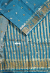 Deep Teal Blue - Raaga - Semi Tussar Raaga  with Buttas and Elephant Thread Border - Best for Festive Wear