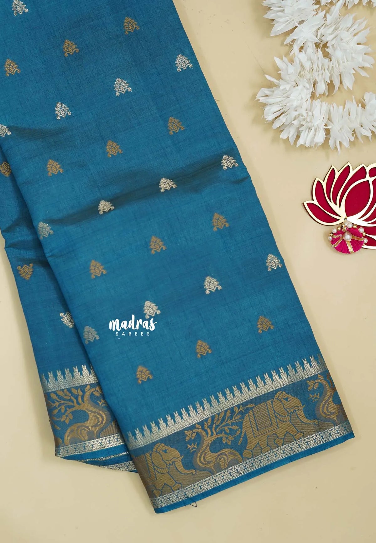 Deep Teal Blue - Raaga - Semi Tussar Raaga  with Buttas and Elephant Thread Border - Best for Festive Wear