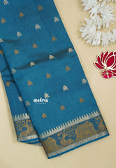 Deep Teal Blue - Raaga - Semi Tussar Raaga  with Buttas and Elephant Thread Border - Best for Festive Wear