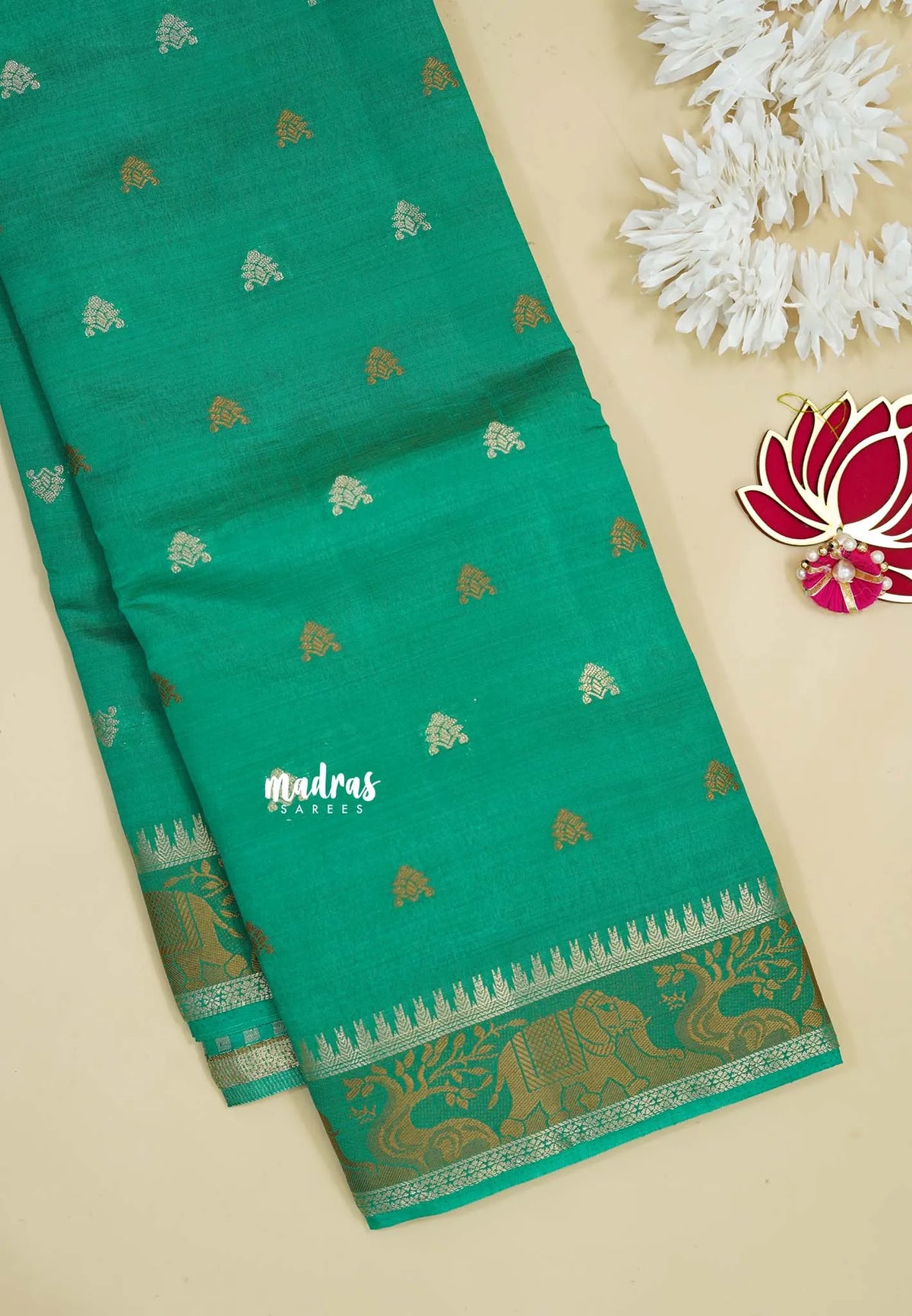 Aqua Green - Raaga - Semi Tussar Raaga  with Buttas and Elephant Thread Border - Best for Festive Wear