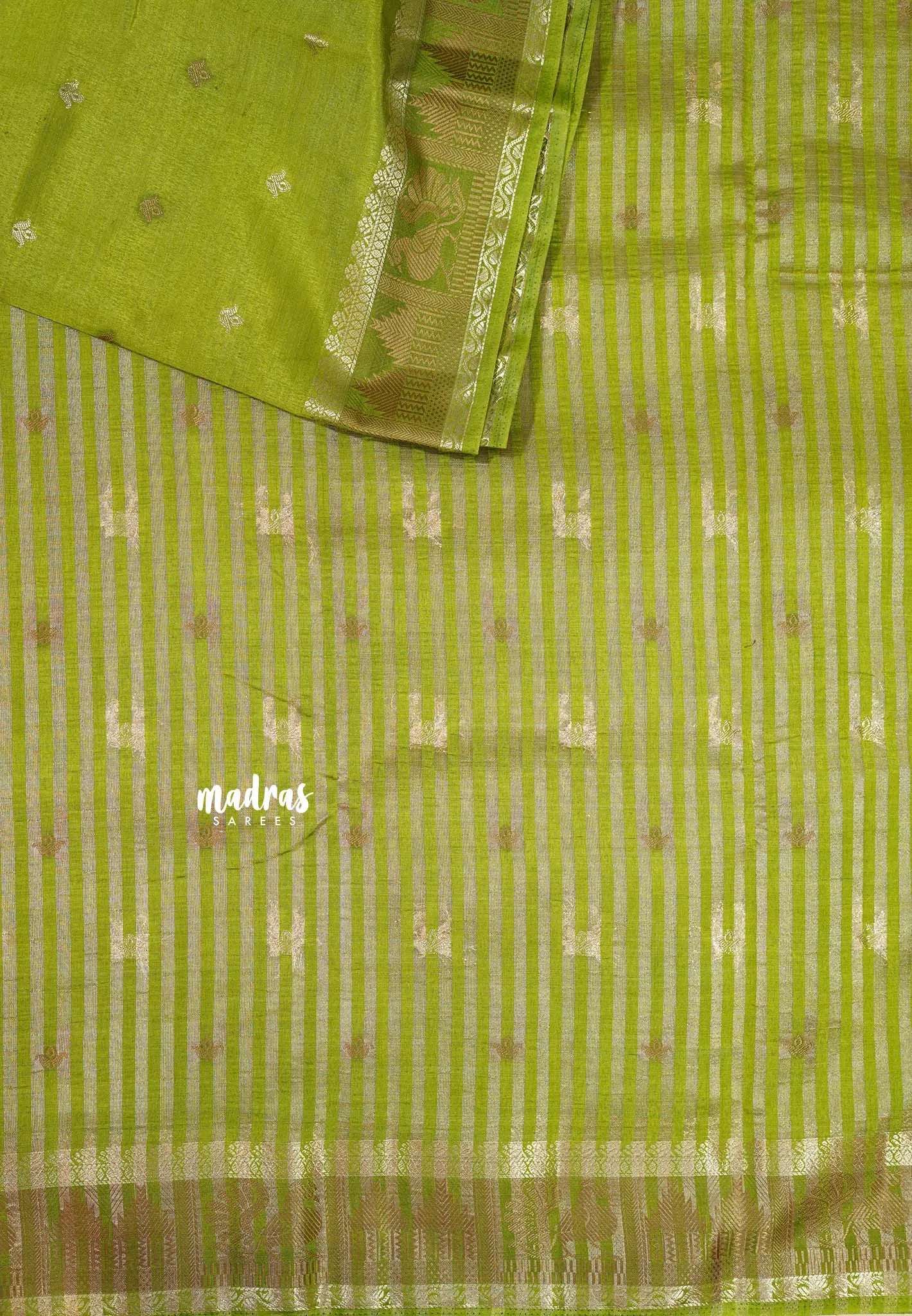 Pretty Parrot Green - Raaga - Semi Tussar Plain body with Buttas and Mayil Border