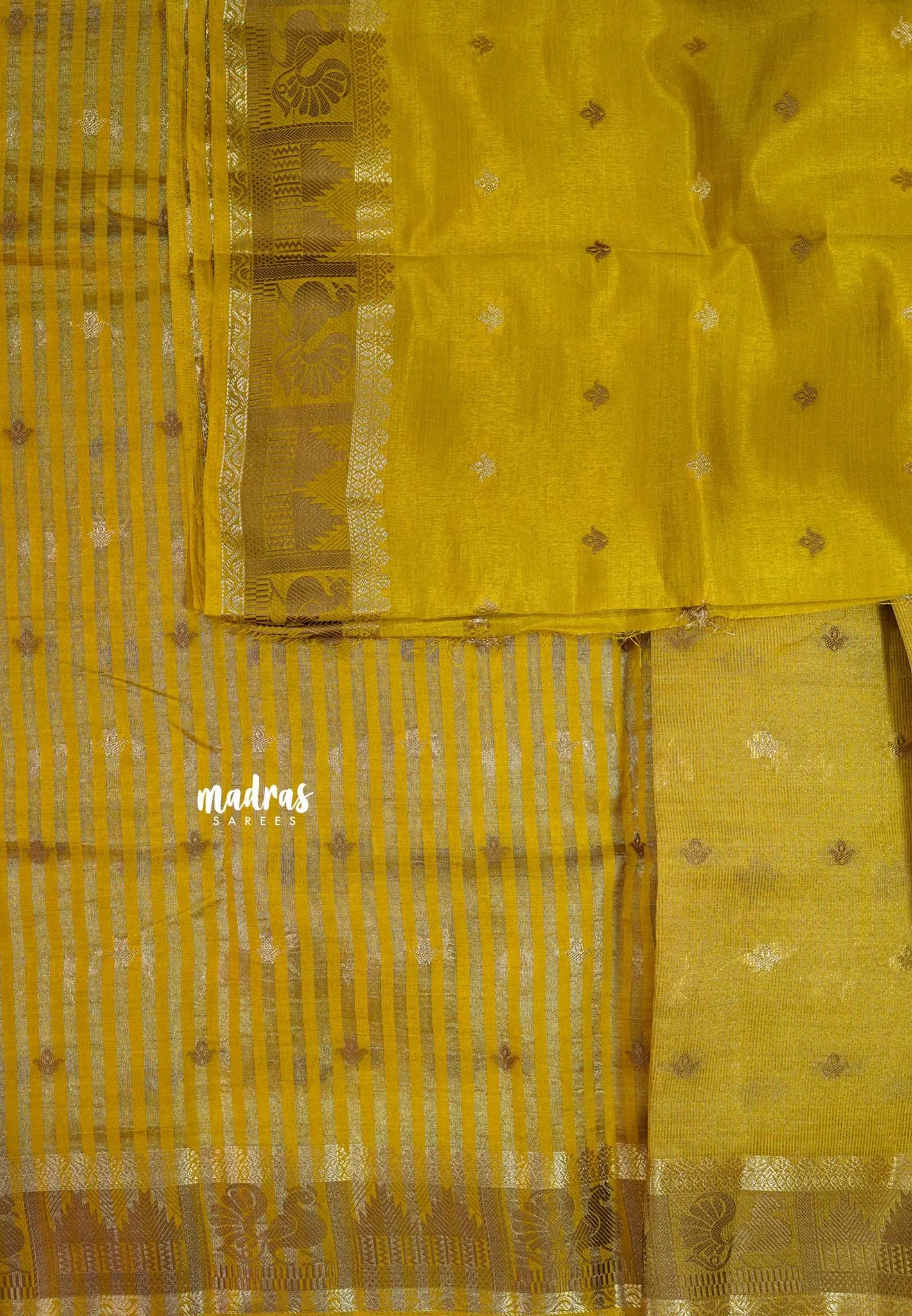 Paris Yellow - Raaga - Semi Tussar Plain body with Buttas and Mayil Border