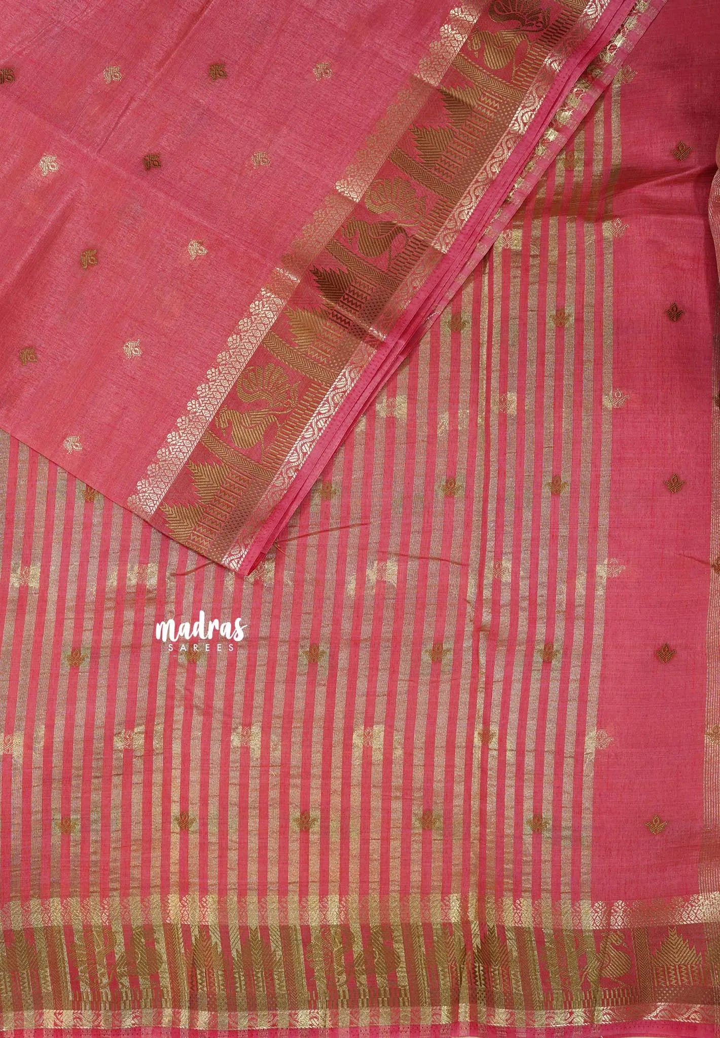 Peach Pink - Raaga - Semi Tussar Plain body with Buttas and Mayil Border