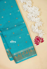 Teal Blue - Raaga - Semi Tussar Plain body with Buttas and Mayil Border