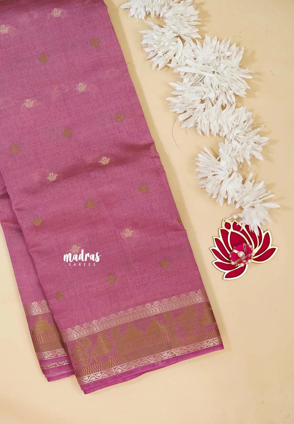 Onion Pink - Raaga - Semi Tussar Plain body with Buttas and Mayil Border