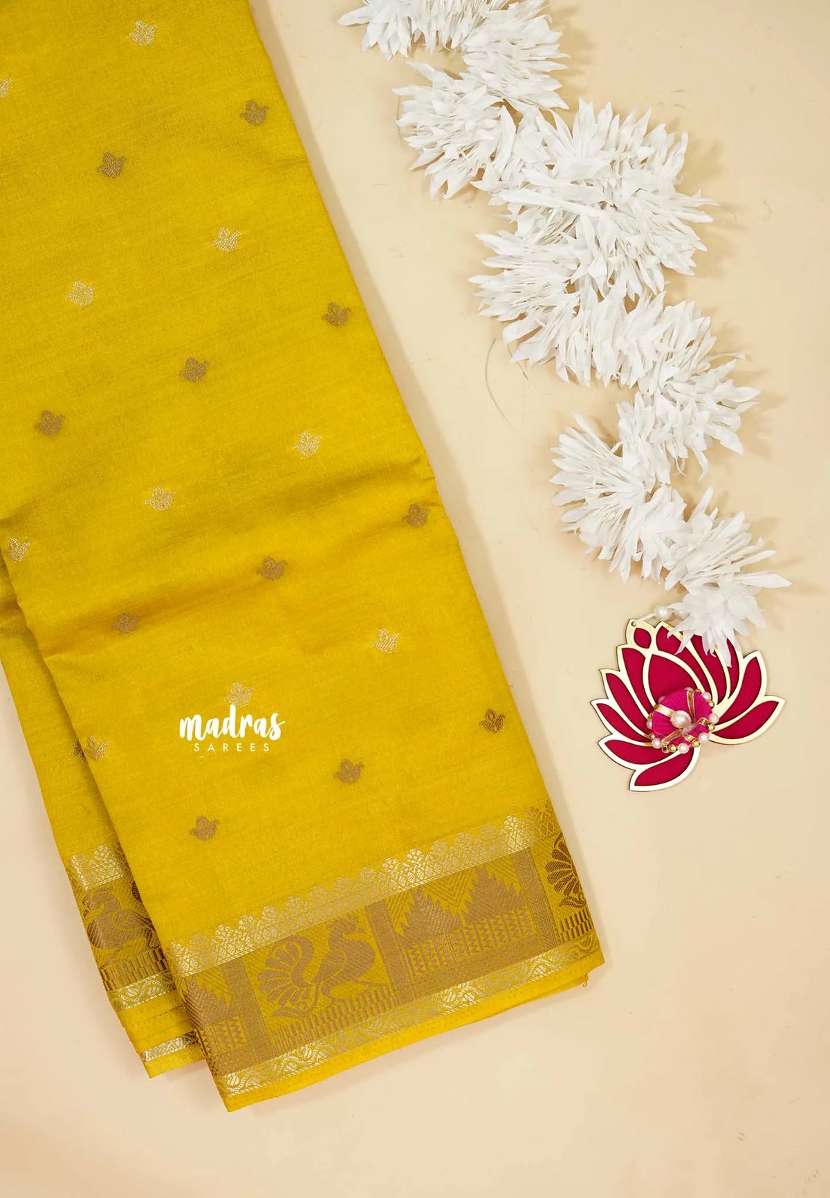 Paris Yellow - Raaga - Semi Tussar Plain body with Buttas and Mayil Border