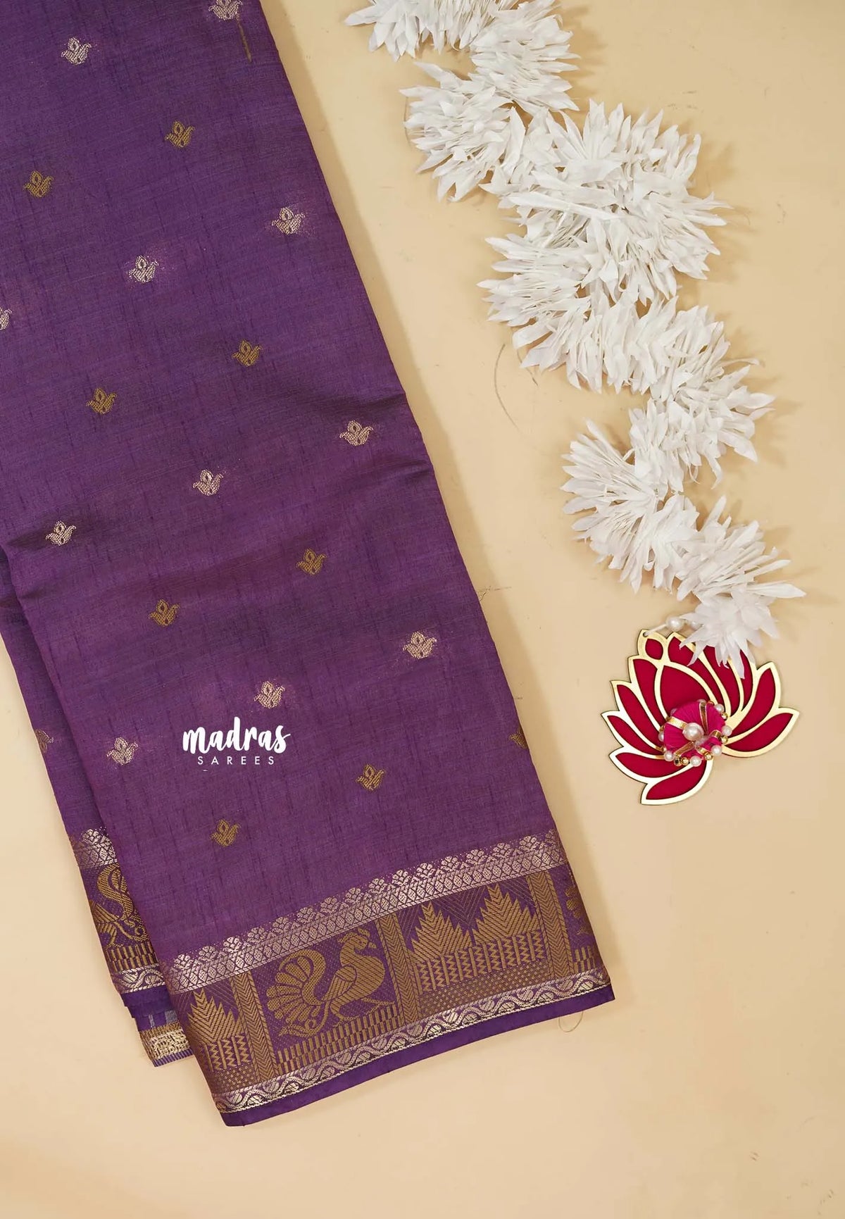 Royal Purple - Raaga - Semi Tussar Plain body with Buttas and Mayil Border
