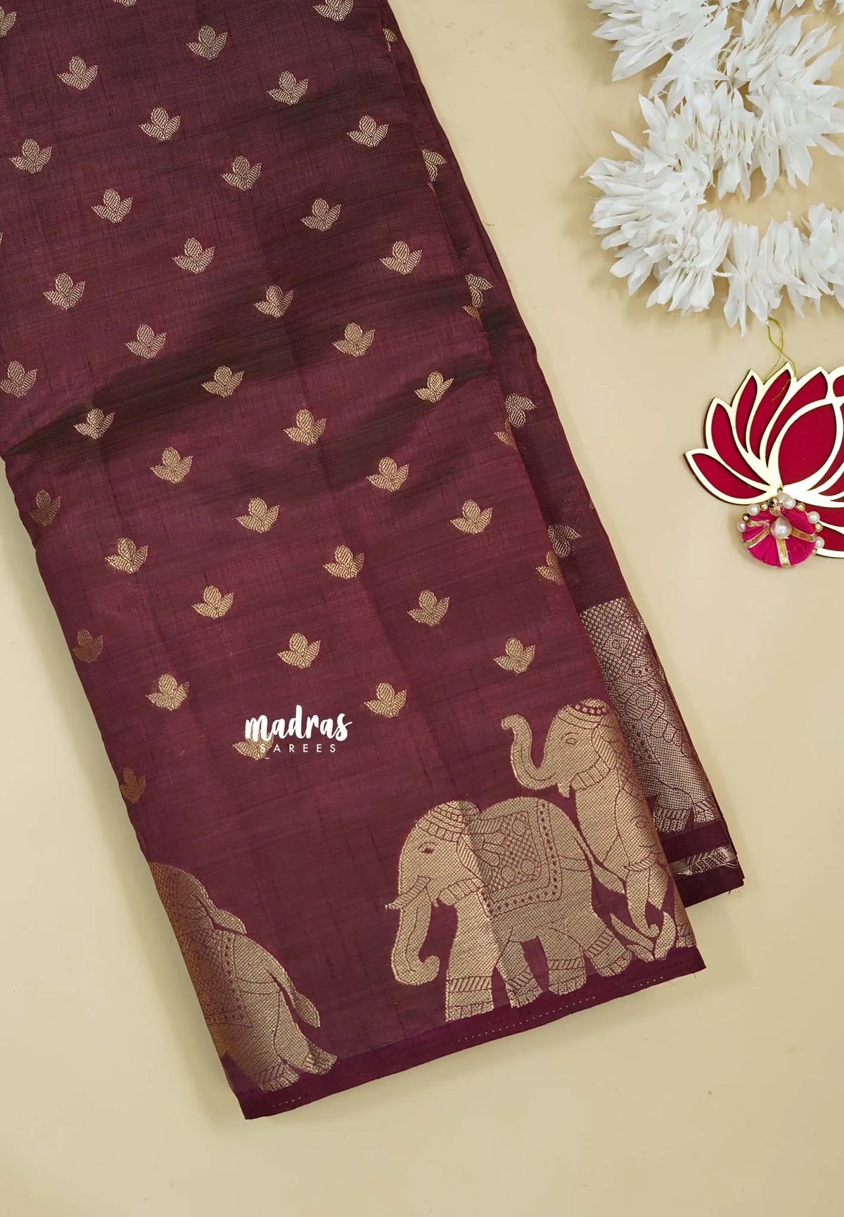 Dual Shade Wine Maroon - Raaga - Semi Tussar with Elephant Border and Buttas