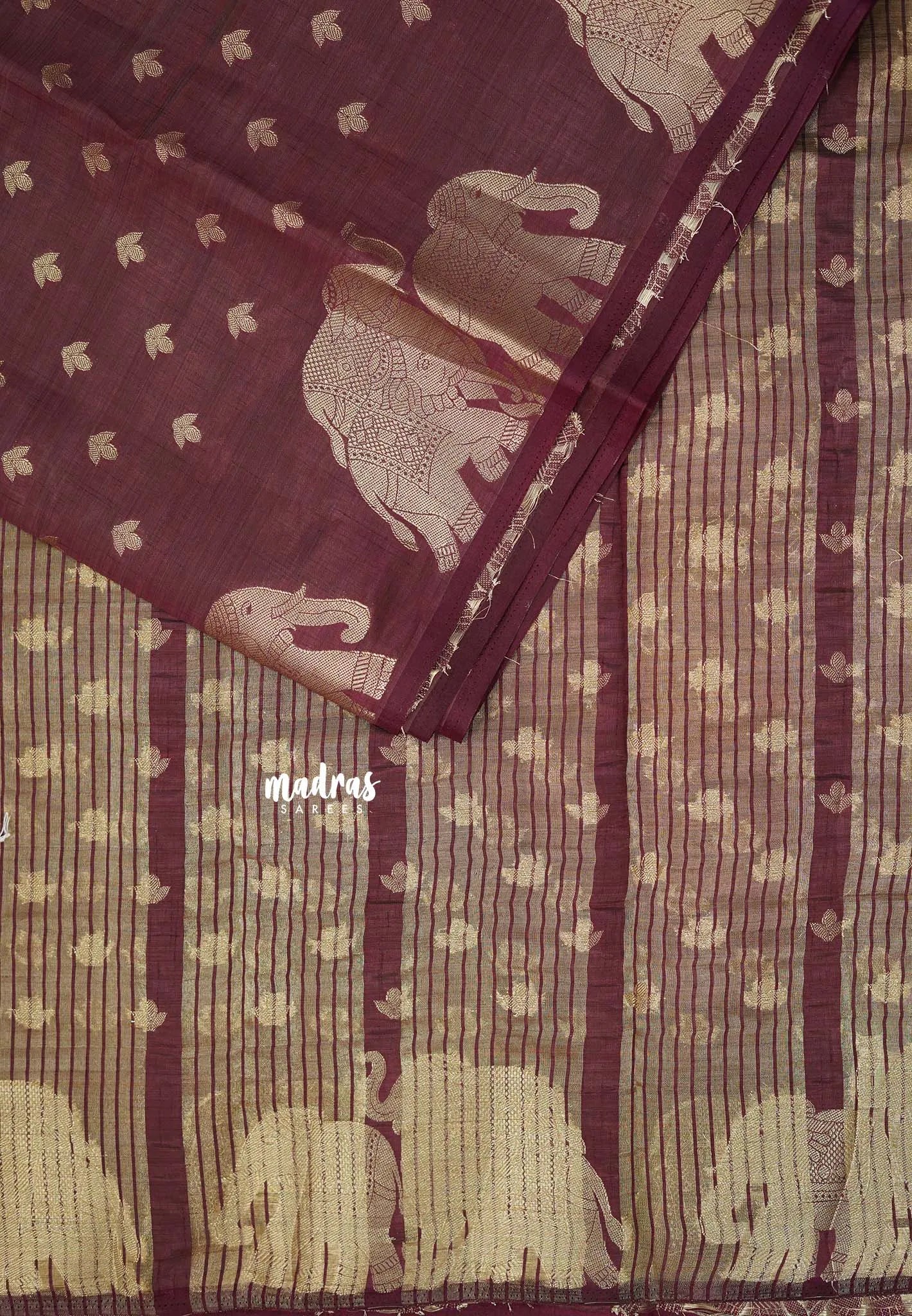 Dual Shade Wine Maroon - Raaga - Semi Tussar with Elephant Border and Buttas