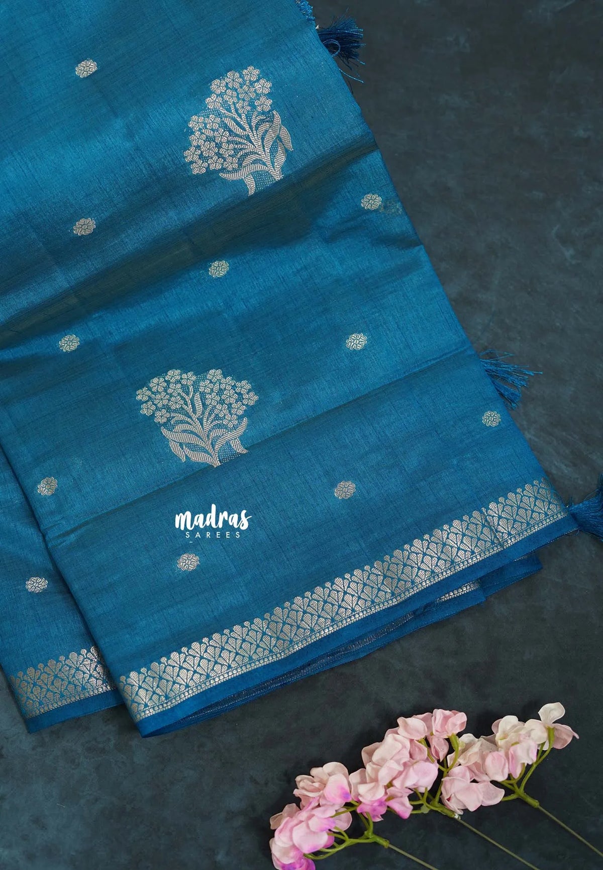 Deep Teal Blue - Raaga - Semi Tussar with Zari Floral Buttas and Small Border- Best for Gifting
