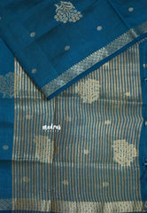 Deep Teal Blue - Raaga - Semi Tussar with Zari Floral Buttas and Small Border- Best for Gifting
