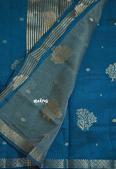 Deep Teal Blue - Raaga - Semi Tussar with Zari Floral Buttas and Small Border- Best for Gifting