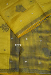 Greenish Yellow - Raaga - Semi Tussar with Thread Floral Buttas and Small Border- Best for Gifting