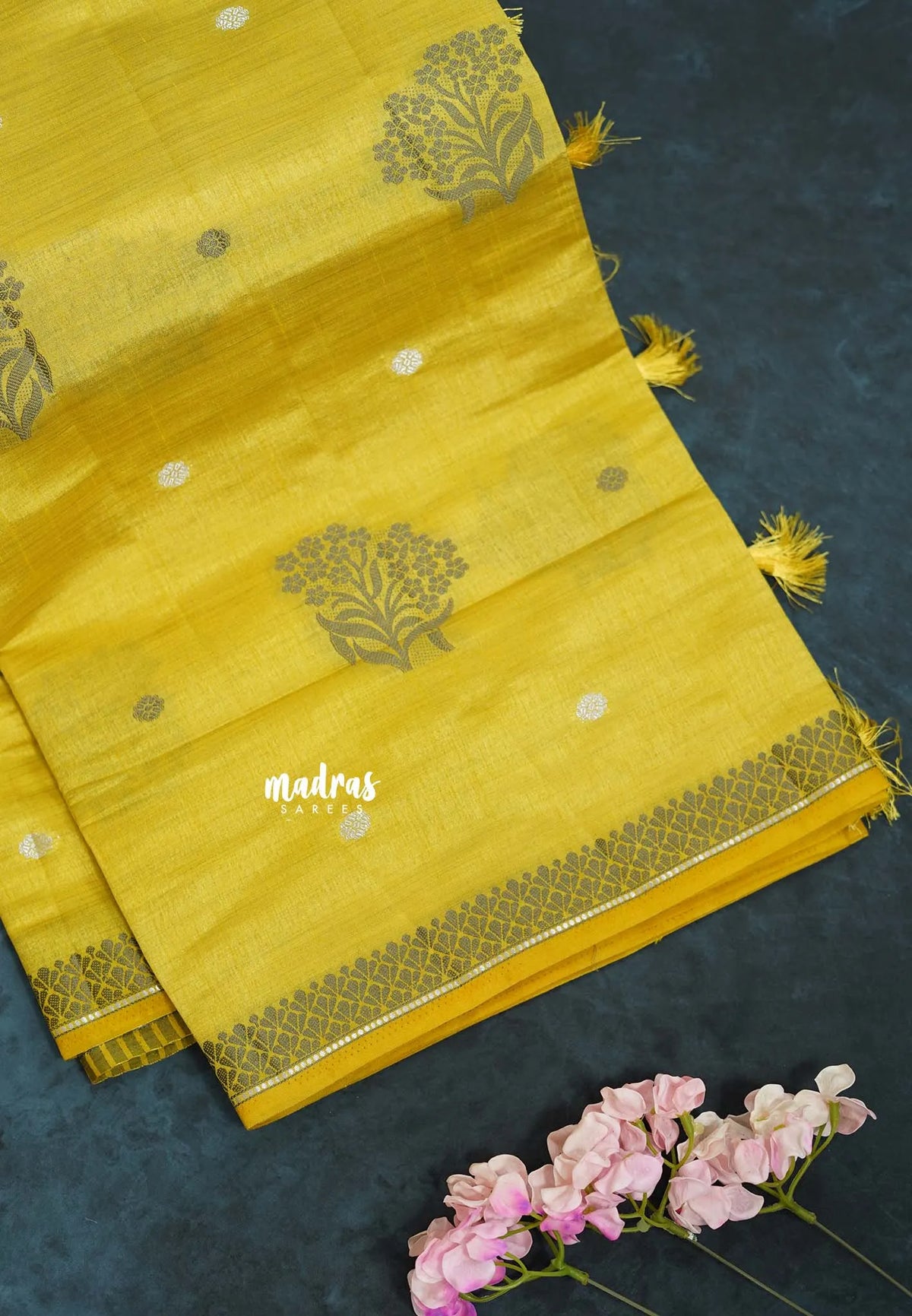 Greenish Yellow - Raaga - Semi Tussar with Thread Floral Buttas and Small Border- Best for Gifting