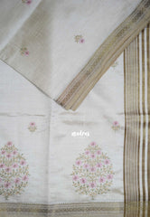 Ivory Beige & Pink - Raaga - Lightweight Semi Tussar Saree with Flower Embroidery and Zari Border - Best for Wedding Functions