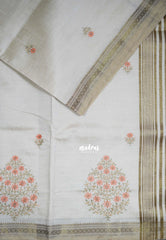 Ivory Beige & Peach Orange - Raaga - Lightweight Semi Tussar Saree with Flower Embroidery and Zari Border - Best for Wedding Functions