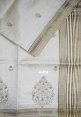Ivory Beige & Grey - Raaga - Lightweight Semi Tussar Saree with Flower Embroidery and Zari Border - Best for Wedding Functions