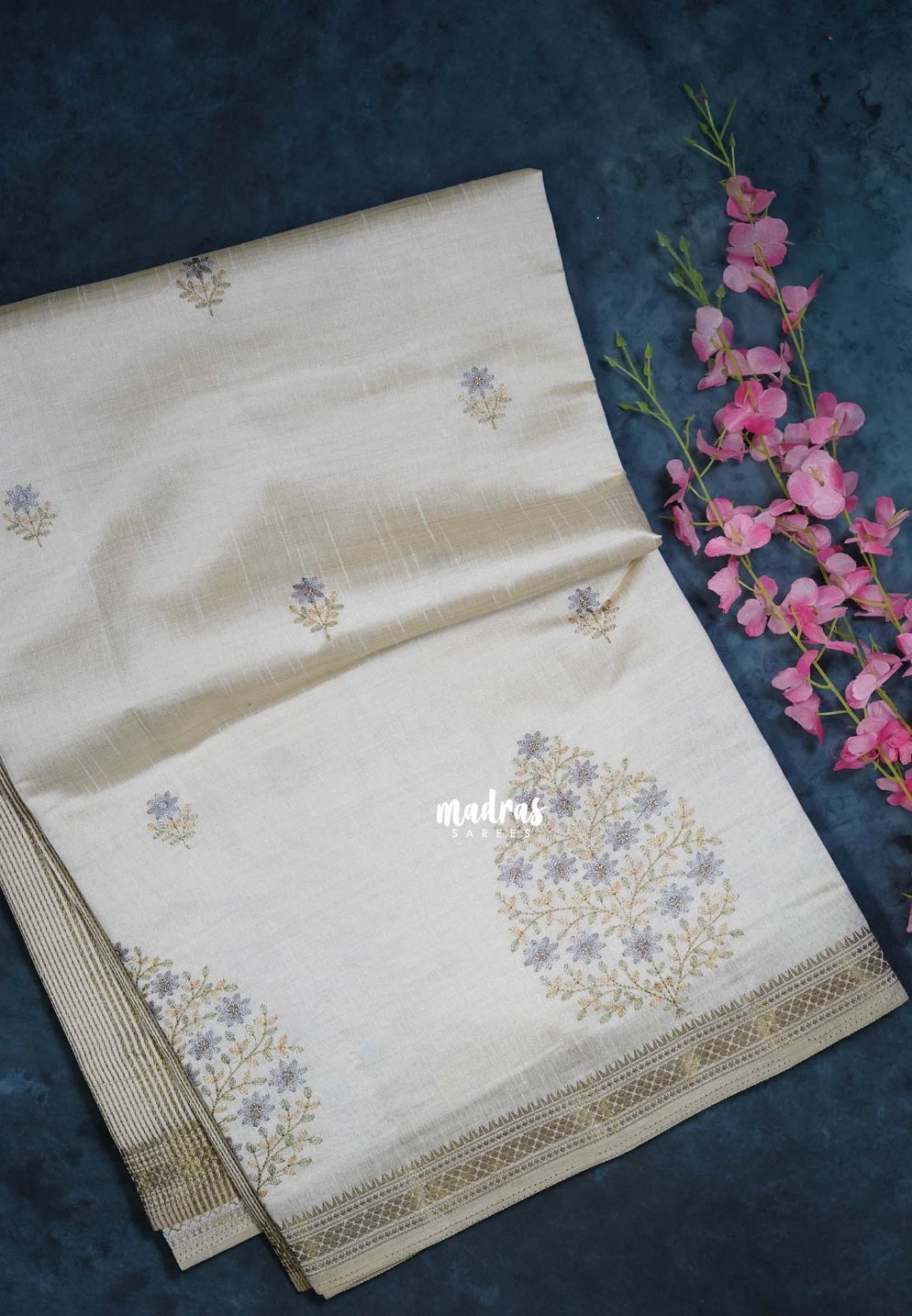 Ivory Beige & Grey - Raaga - Lightweight Semi Tussar Saree with Flower Embroidery and Zari Border - Best for Wedding Functions