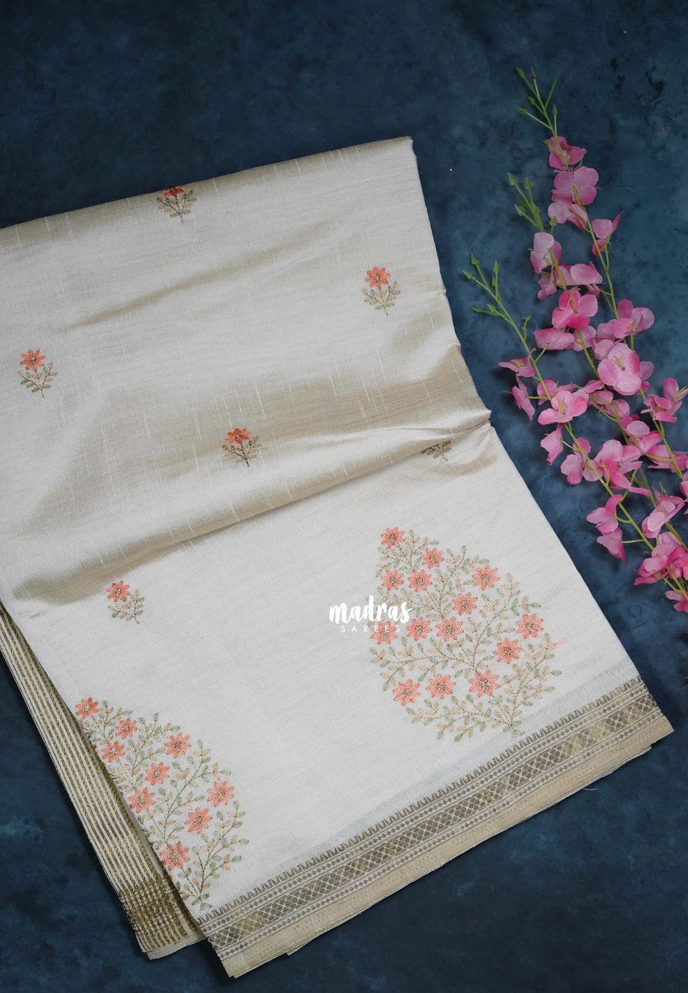 Ivory Beige & Peach Orange - Raaga - Lightweight Semi Tussar Saree with Flower Embroidery and Zari Border - Best for Wedding Functions