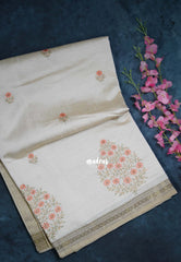 Ivory Beige & Peach Orange - Raaga - Lightweight Semi Tussar Saree with Flower Embroidery and Zari Border - Best for Wedding Functions
