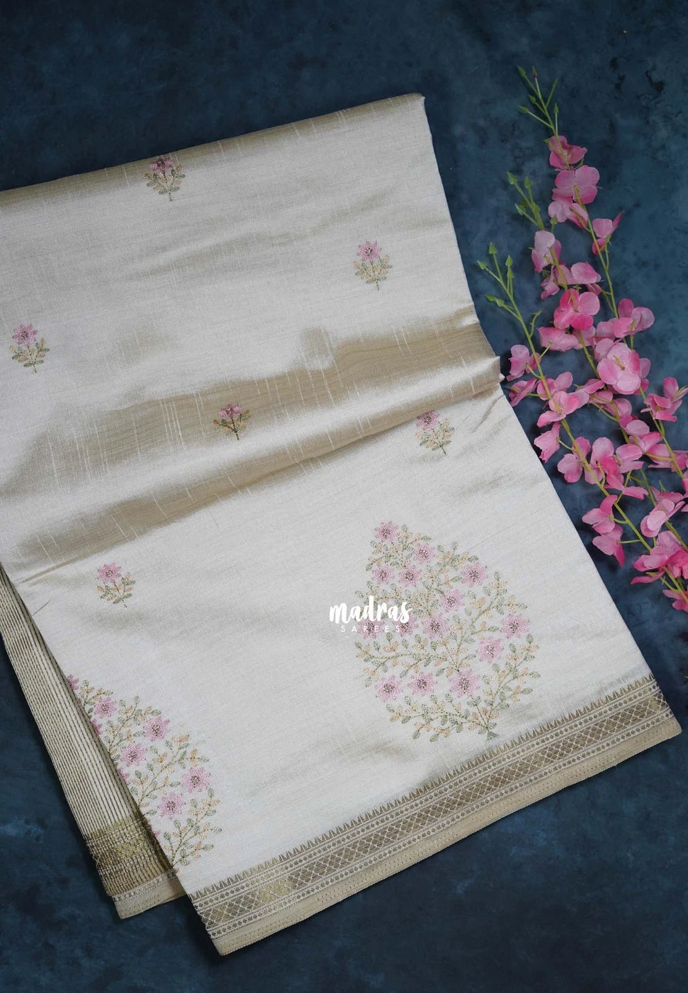 Ivory Beige & Pink - Raaga - Lightweight Semi Tussar Saree with Flower Embroidery and Zari Border - Best for Wedding Functions