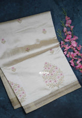 Ivory Beige & Pink - Raaga - Lightweight Semi Tussar Saree with Flower Embroidery and Zari Border - Best for Wedding Functions