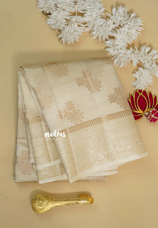 Creamy Half White  - Raaga - Semi tussar with full weaving body