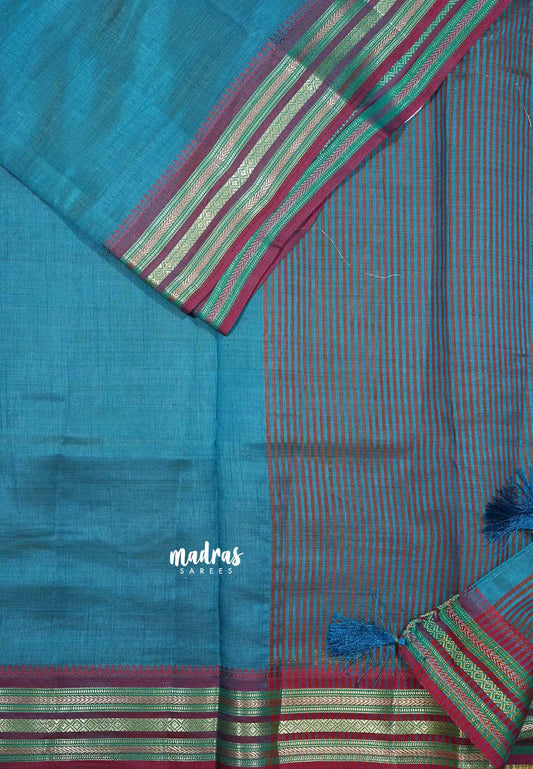 Peacock Blue - Raaga semi tussar with kanchi traditional borders