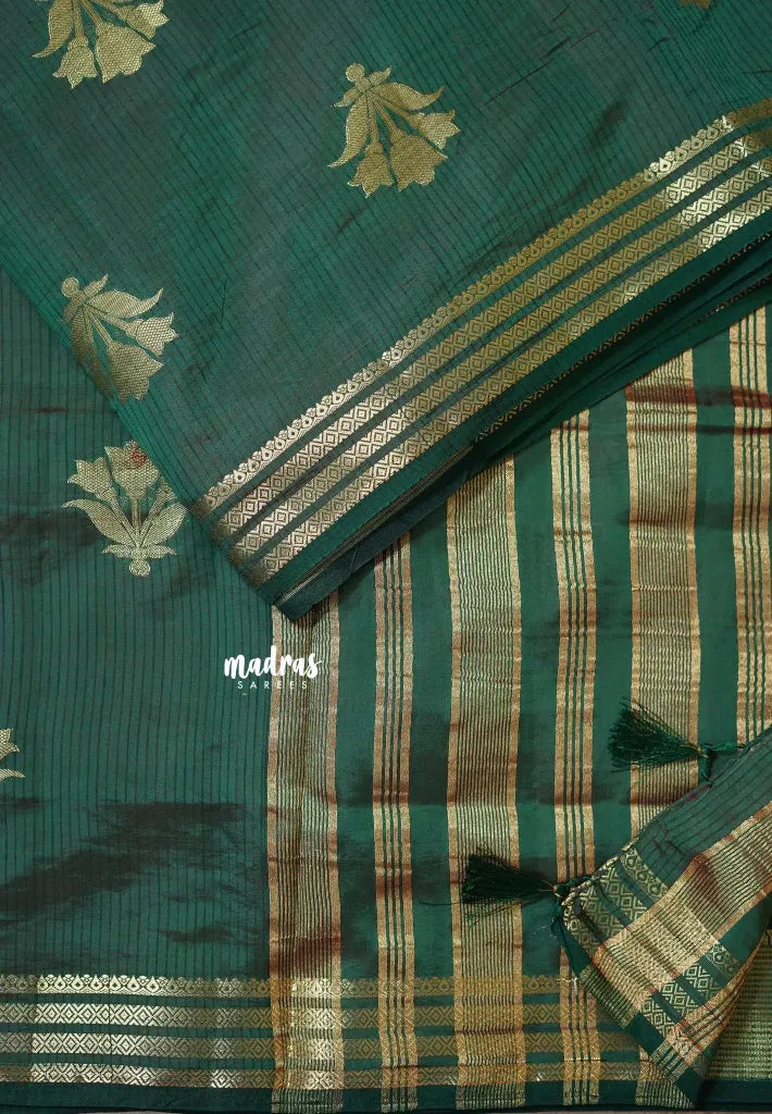 Dark Green - Raaga - Lightweight Semi tussar saree with multilne border