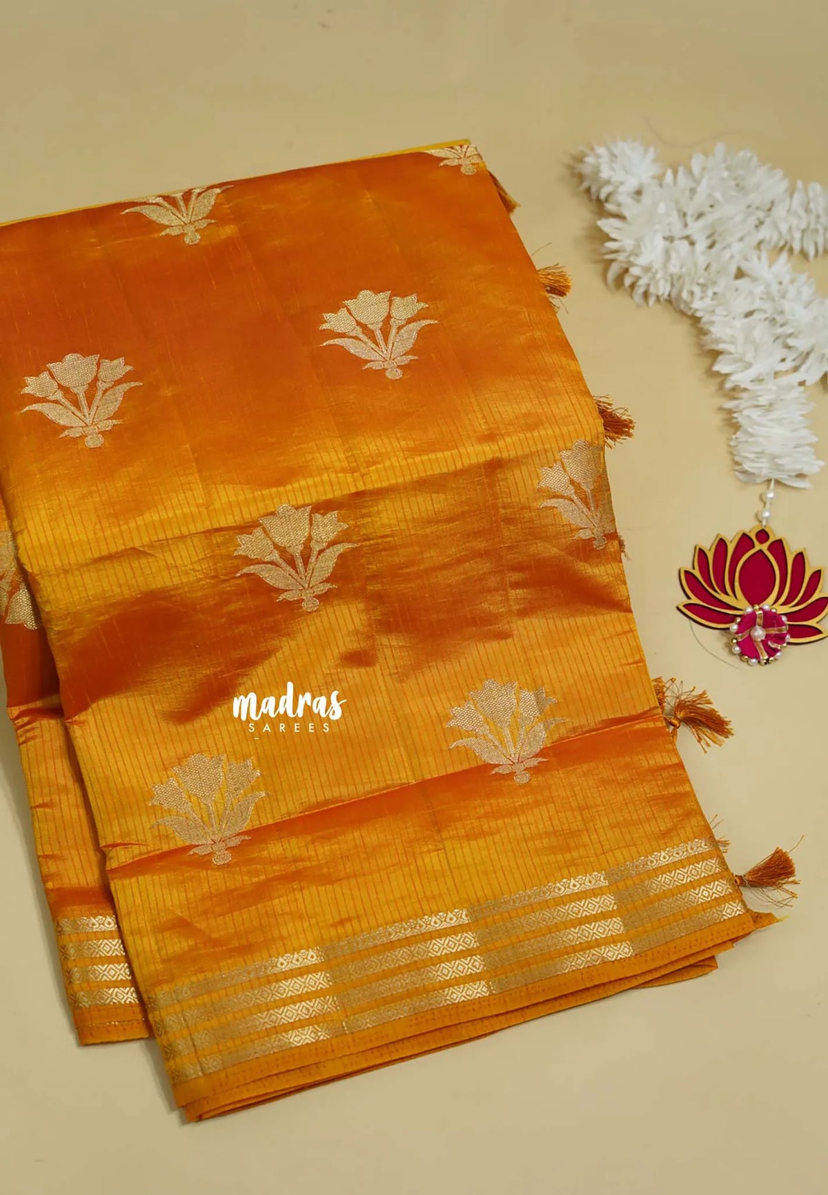 Yellowish Orange - Raaga - Lightweight Semi tussar saree with multilne border