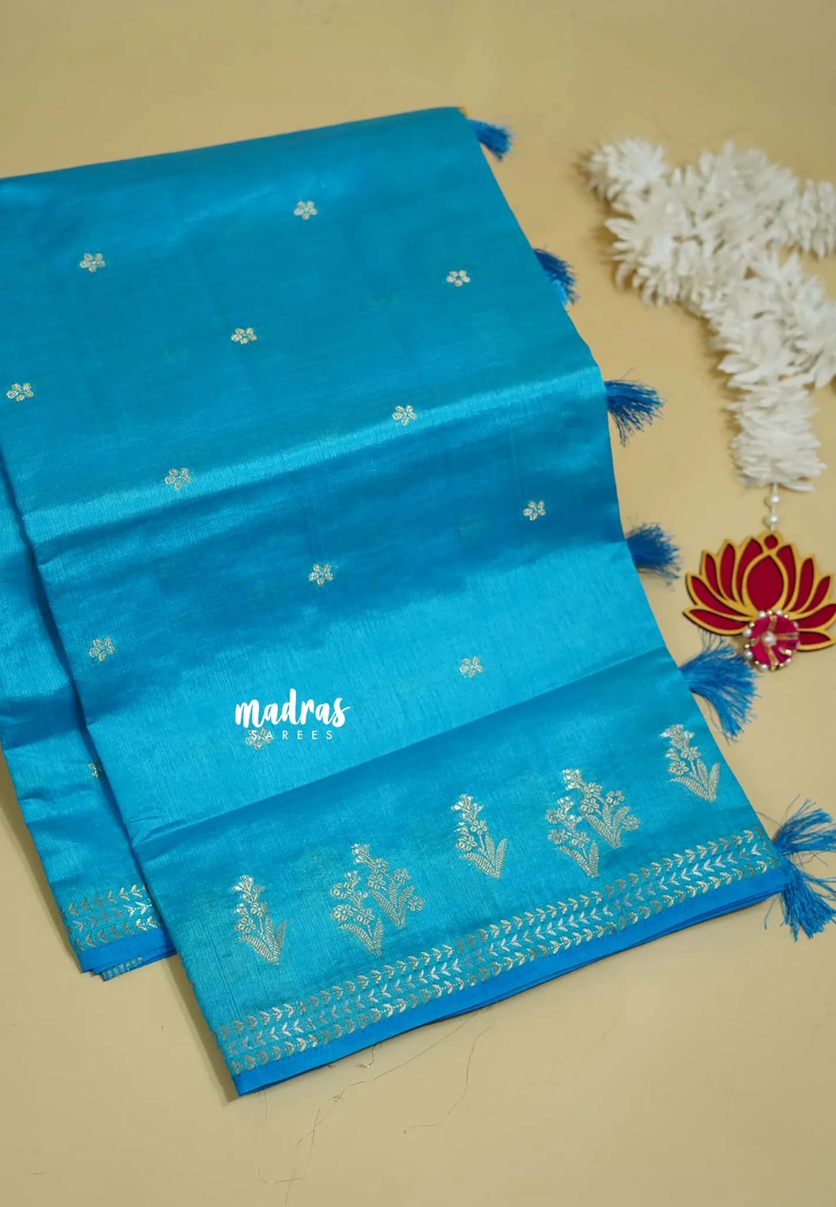 Ananda Blue - Raaga - Lightweight Semi tussar saree with small floral border with buttas