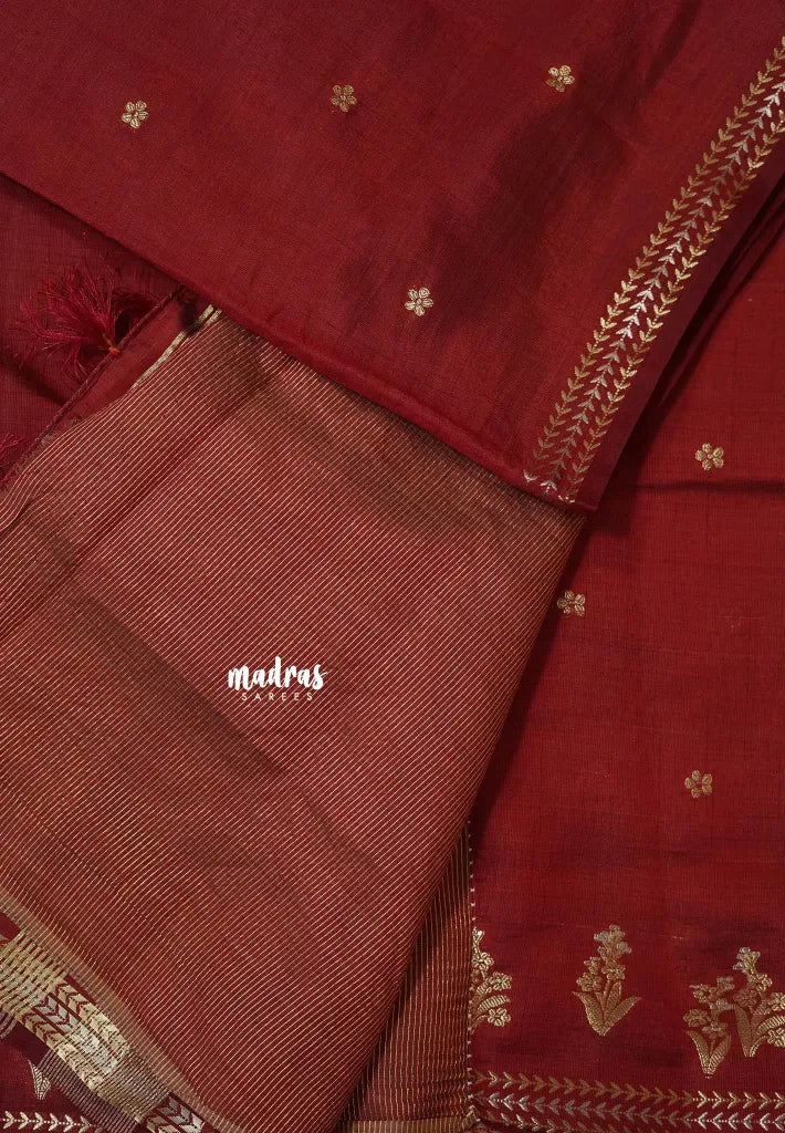 Majestic Maroon - Raaga - Lightweight Semi tussar saree with small floral border with buttas