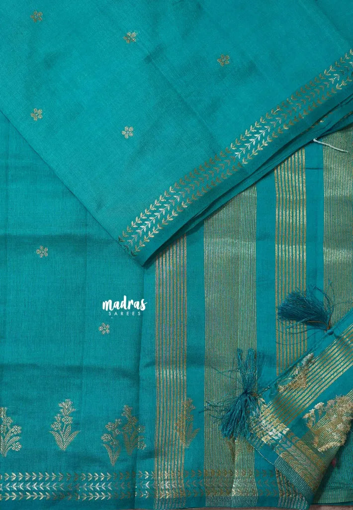 Teal Blue - Raaga - Lightweight Semi tussar saree with small floral border with buttas