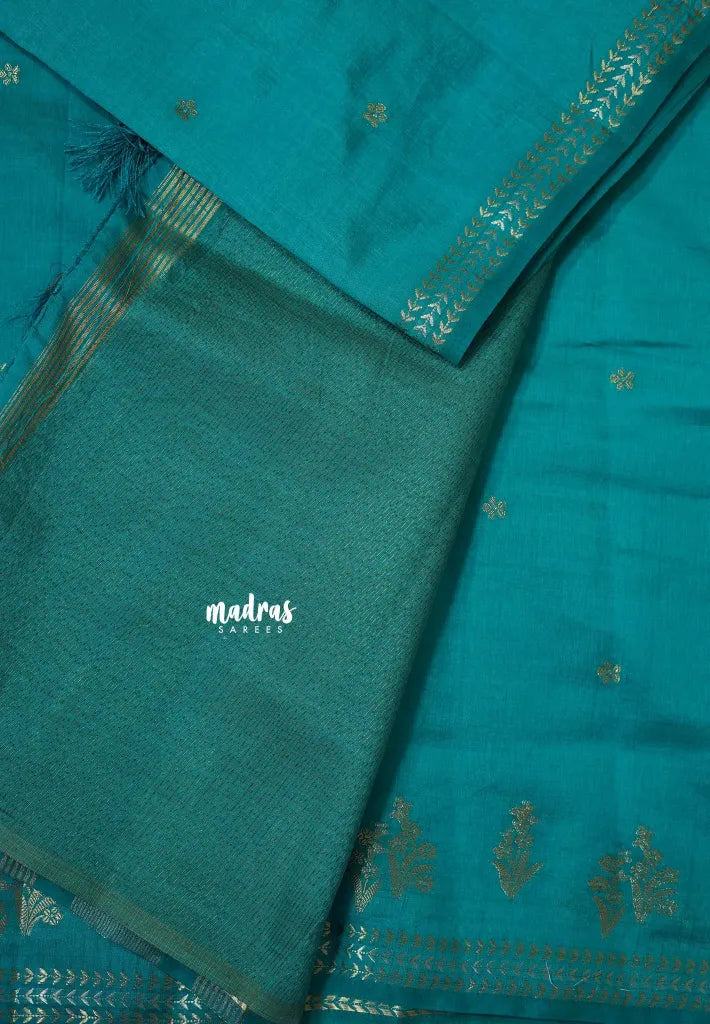 Teal Blue - Raaga - Lightweight Semi tussar saree with small floral border with buttas