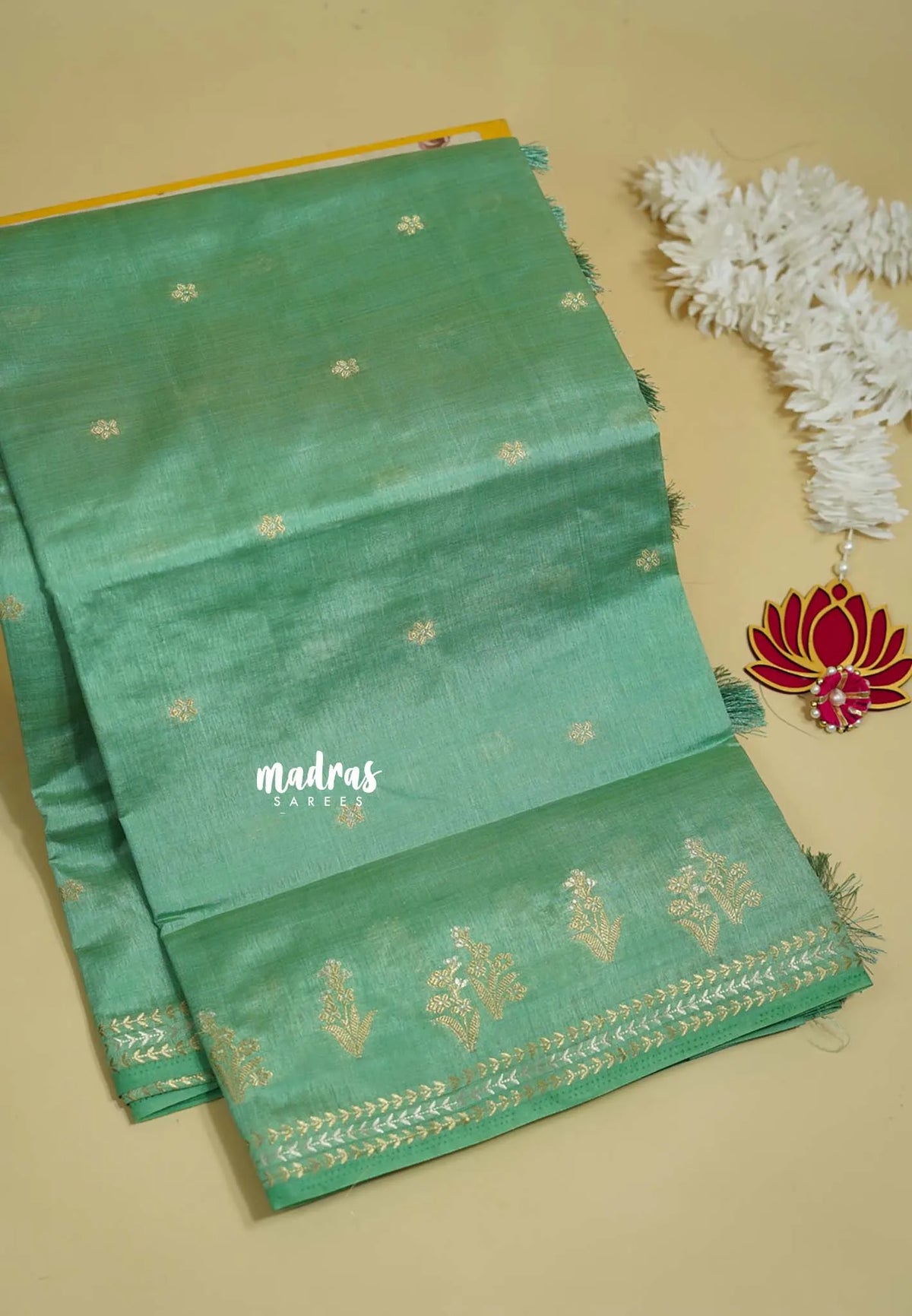 Pista Green - Raaga - Lightweight Semi tussar saree with small floral border with buttas